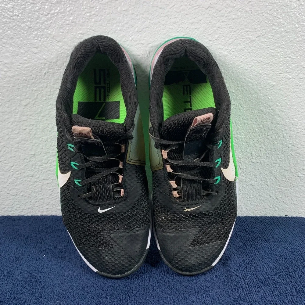 Nike Metcon 7 Womens 7.5 Black Green Strike Lace Lock Training Crossfit Shoes